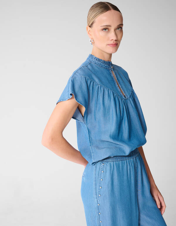 Stud Denim Ruffle Top Blauw SHOEBY WOMEN