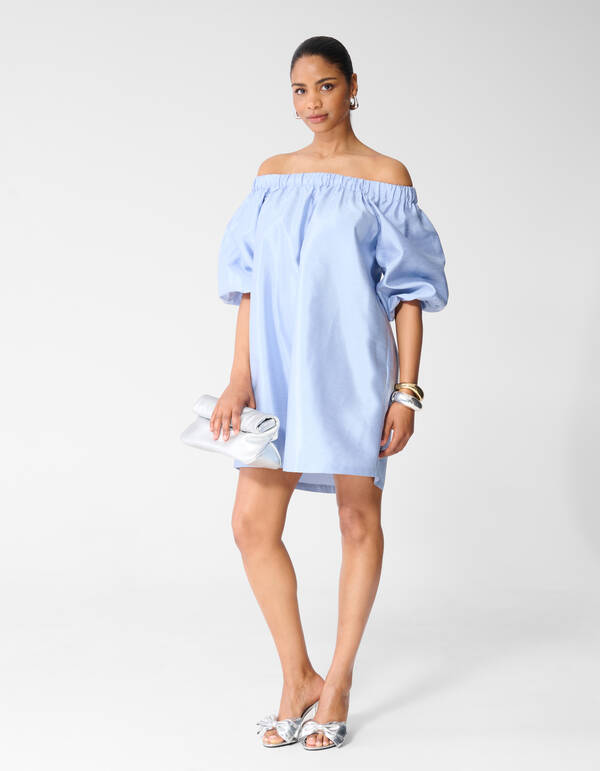 Shiny Off Shoulder Mini Jurk Lichtblauw SHOEBY WOMEN