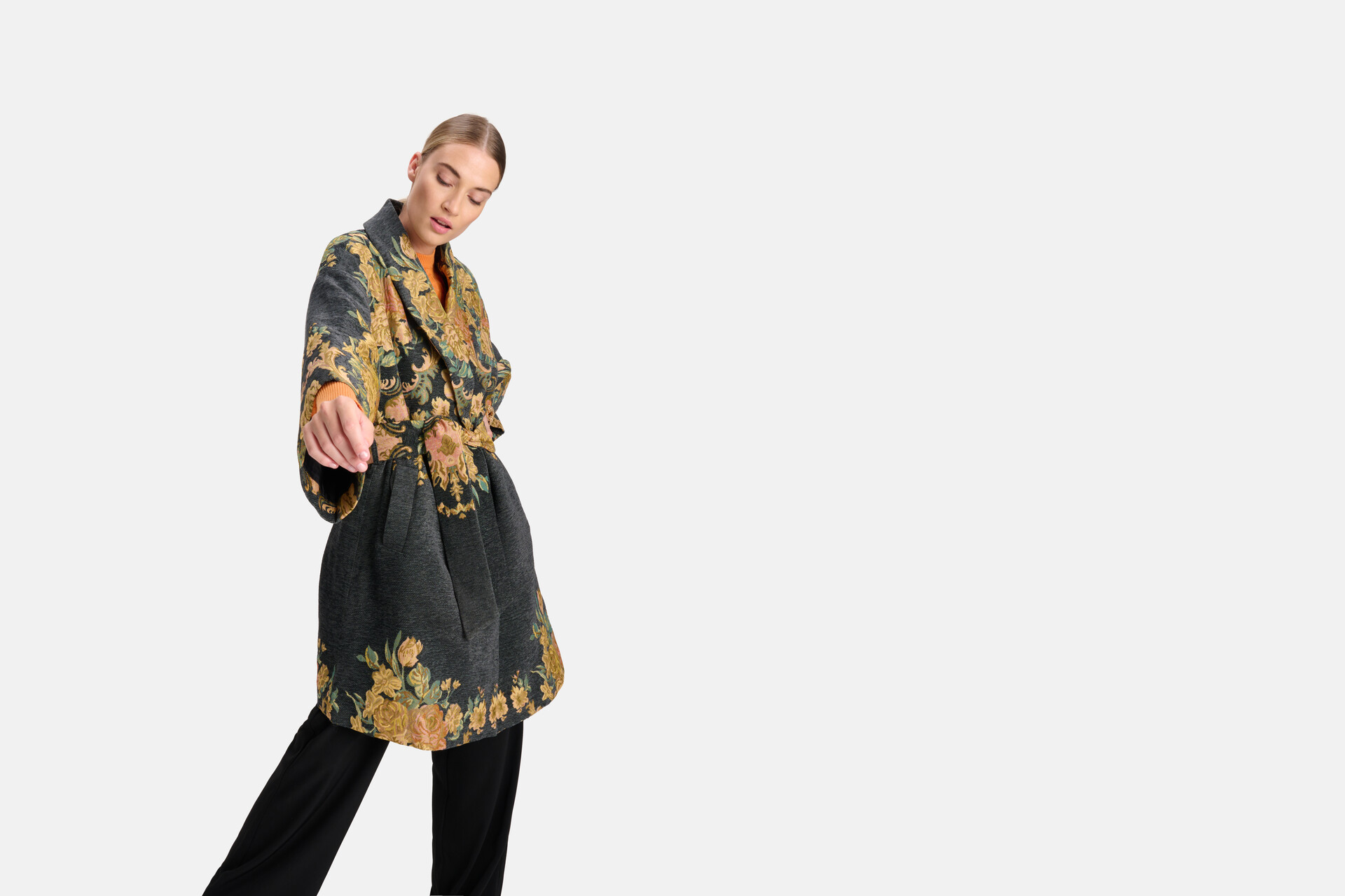 Jacquard Bloemenprint Kimono Donkergrijs SHOEBY WOMEN