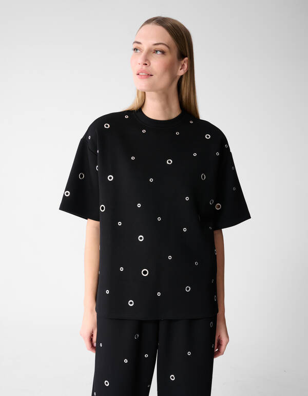 Oversized Eyelet Sweat T-shirt Zwart SHOEBY WOMEN