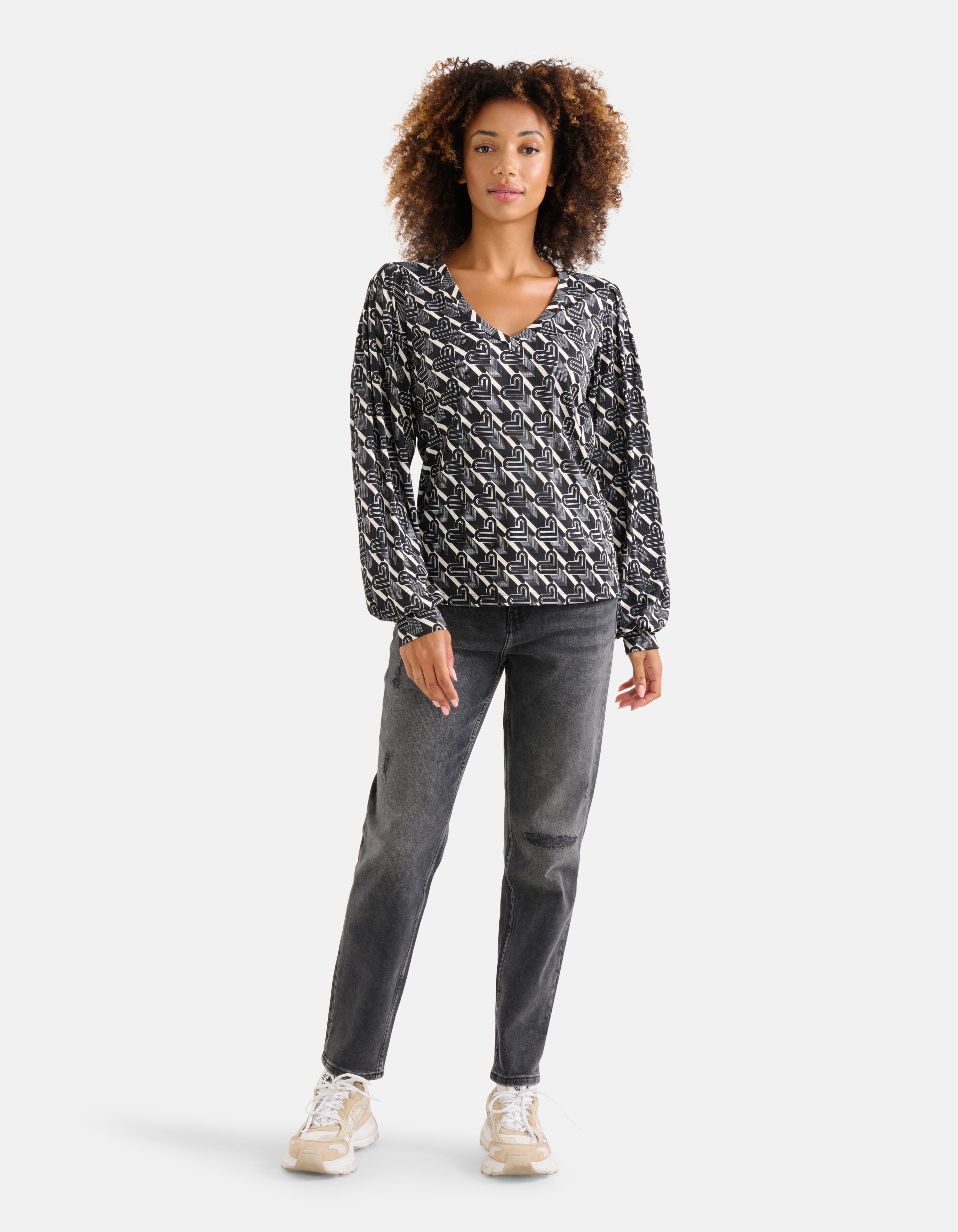 Printed Rib Longsleeve Zwart/Wit SHOEBY WOMEN