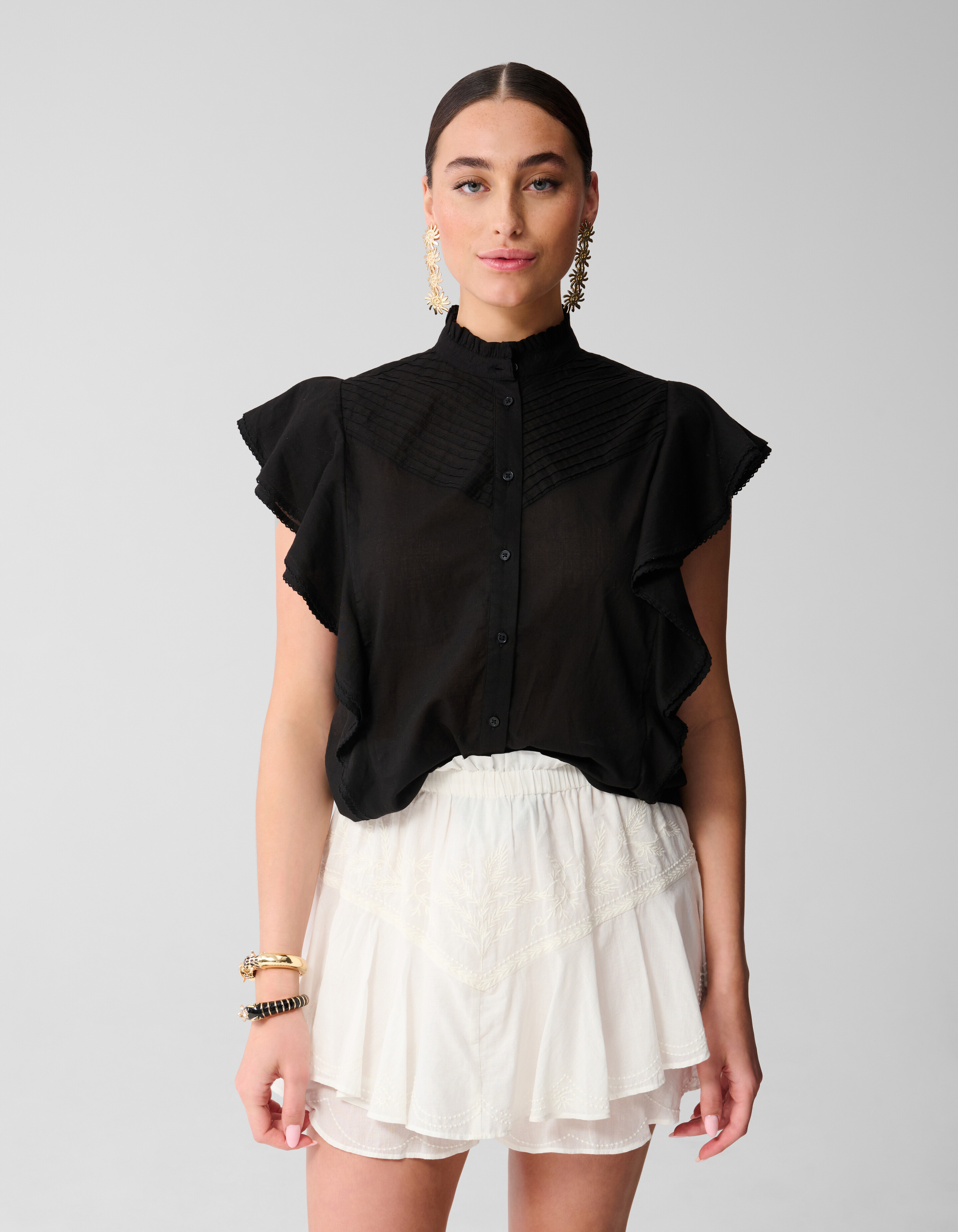 Pintuck Ruffle Top Zwart SHOEBY WOMEN