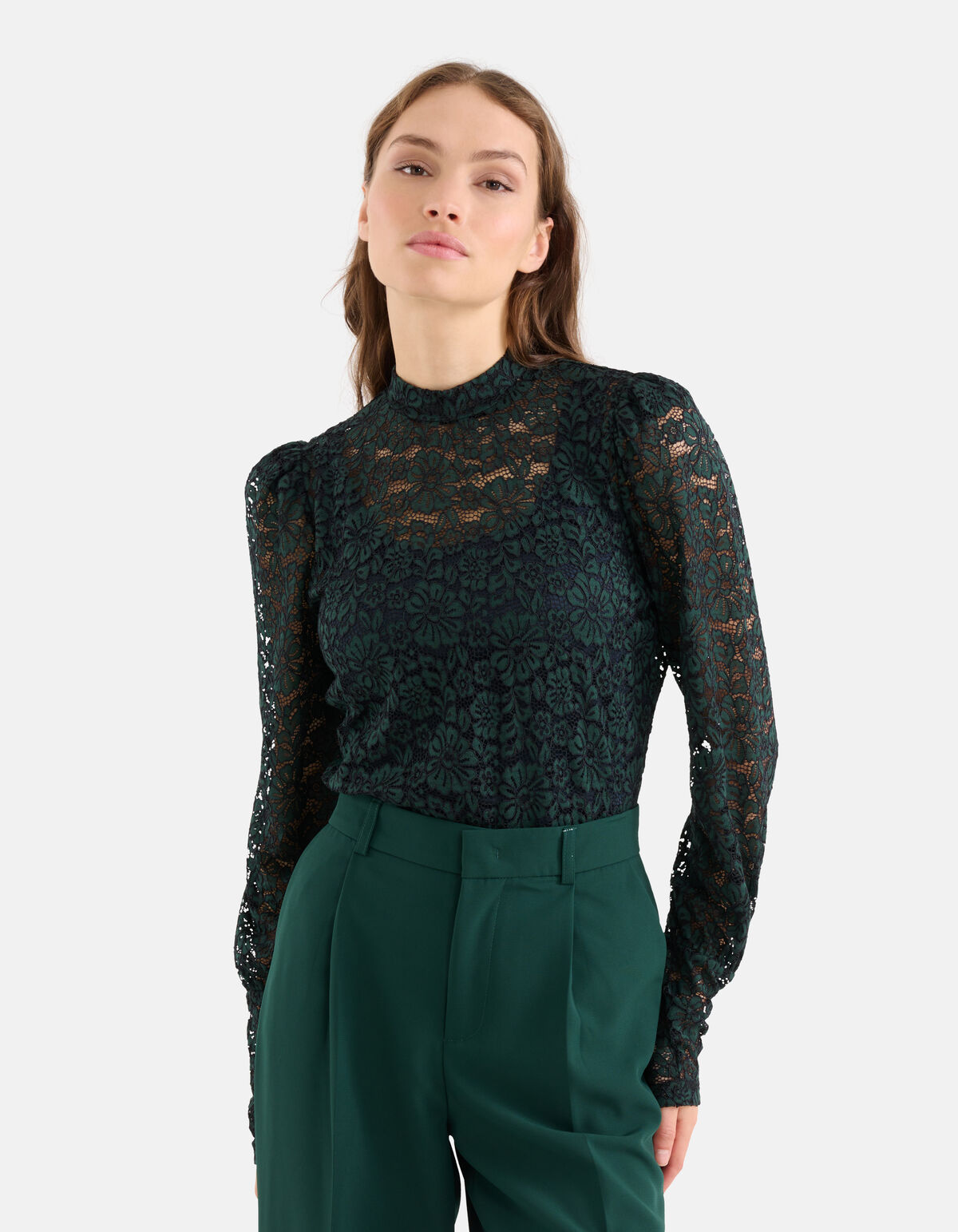 Two Tone Kanten Top Donkergroen SHOEBY WOMEN