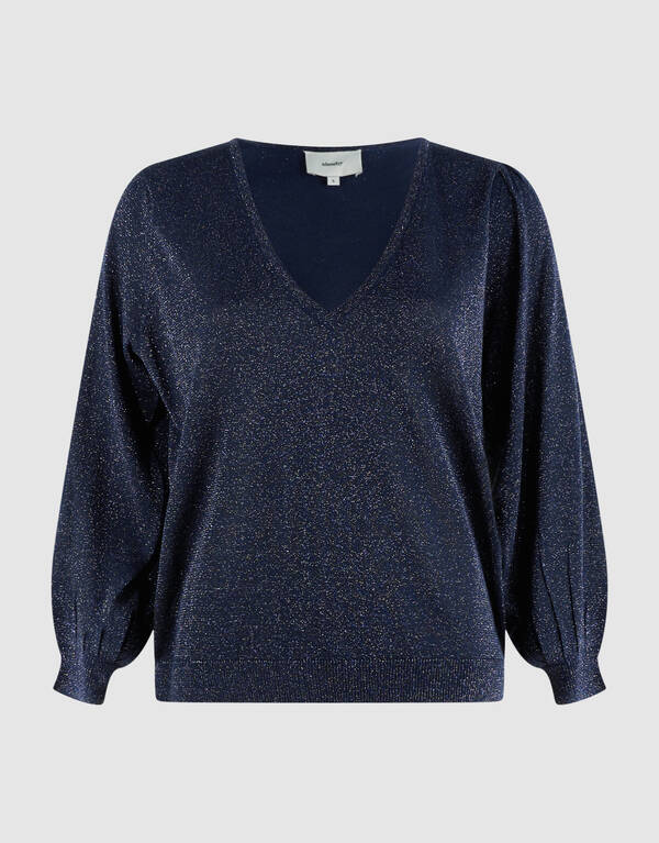 Glitter Gebreide V-hals Trui Donkerblauw SHOEBY WOMEN
