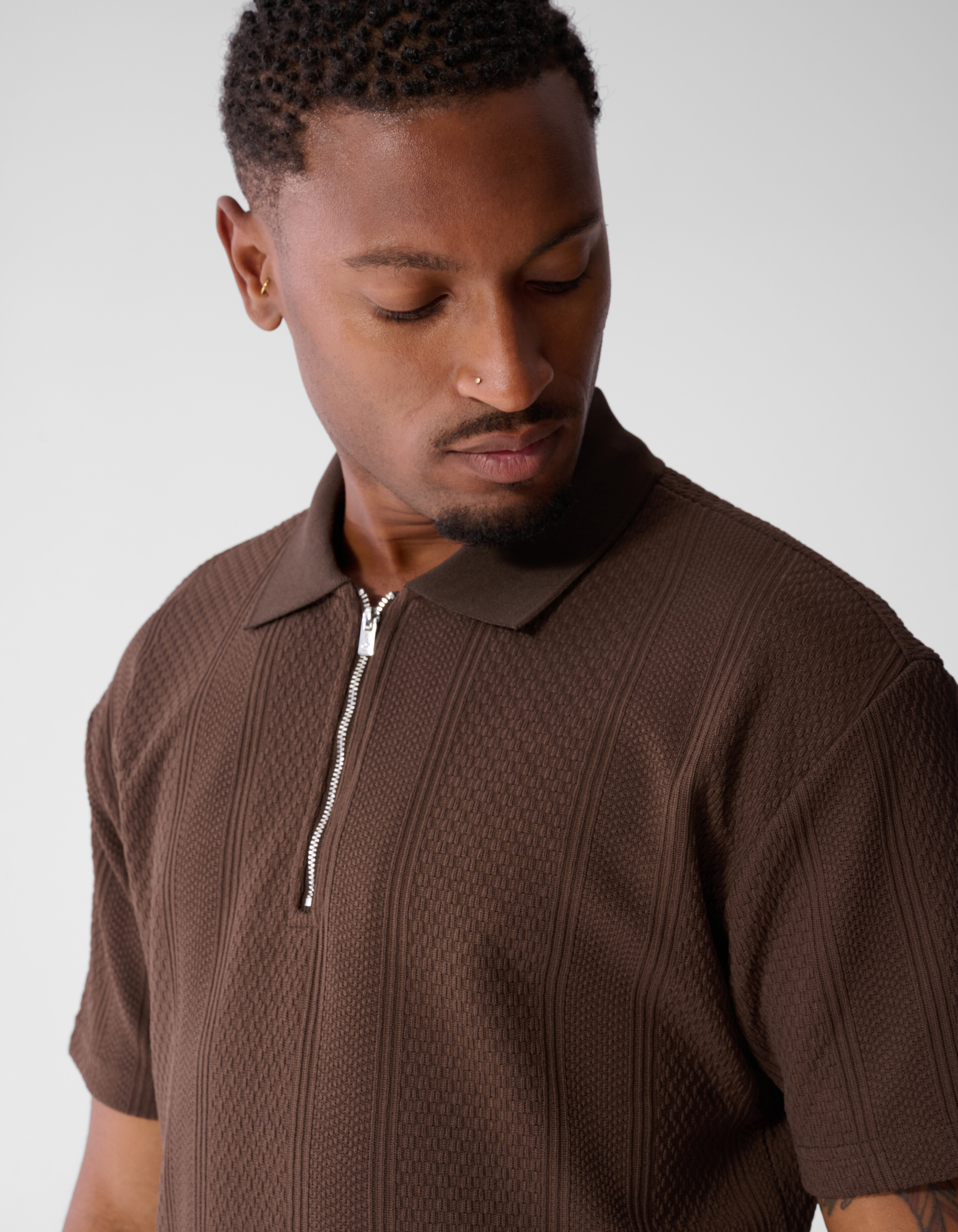 Stripe Structuur Zip Polo Donkerbruin SHOEBY MEN