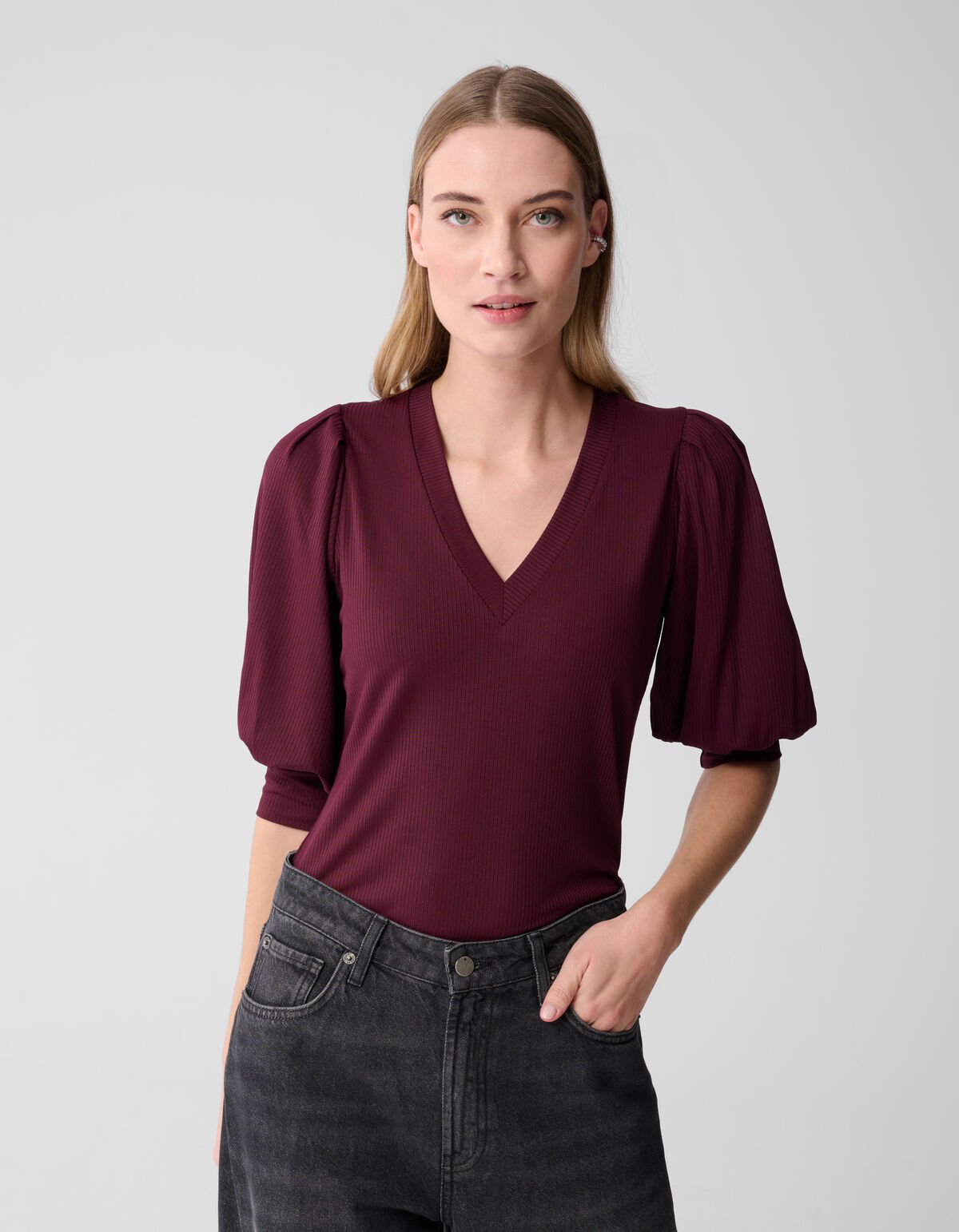 Rib Jersey Top Donkerrood SHOEBY WOMEN