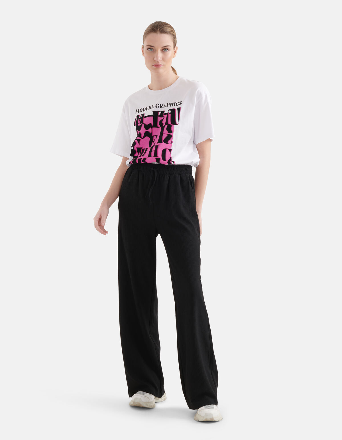 Crinkle Wide Leg Broek Zwart SHOEBY WOMEN