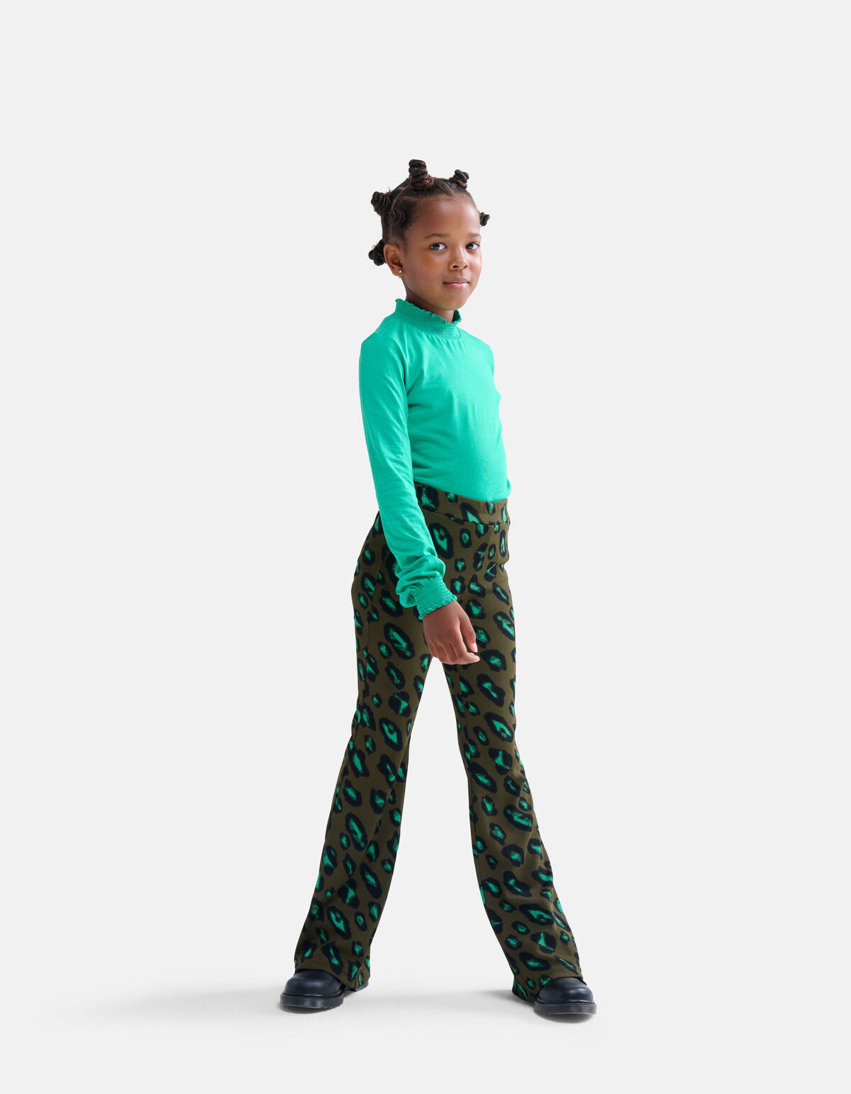 Leopard Rib Flared Broek Donkergroen SHOEBY GIRLS