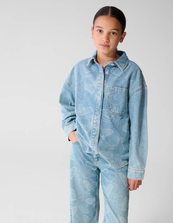 Denim Heart Print Blouse Blauw SHOEBY GIRLS