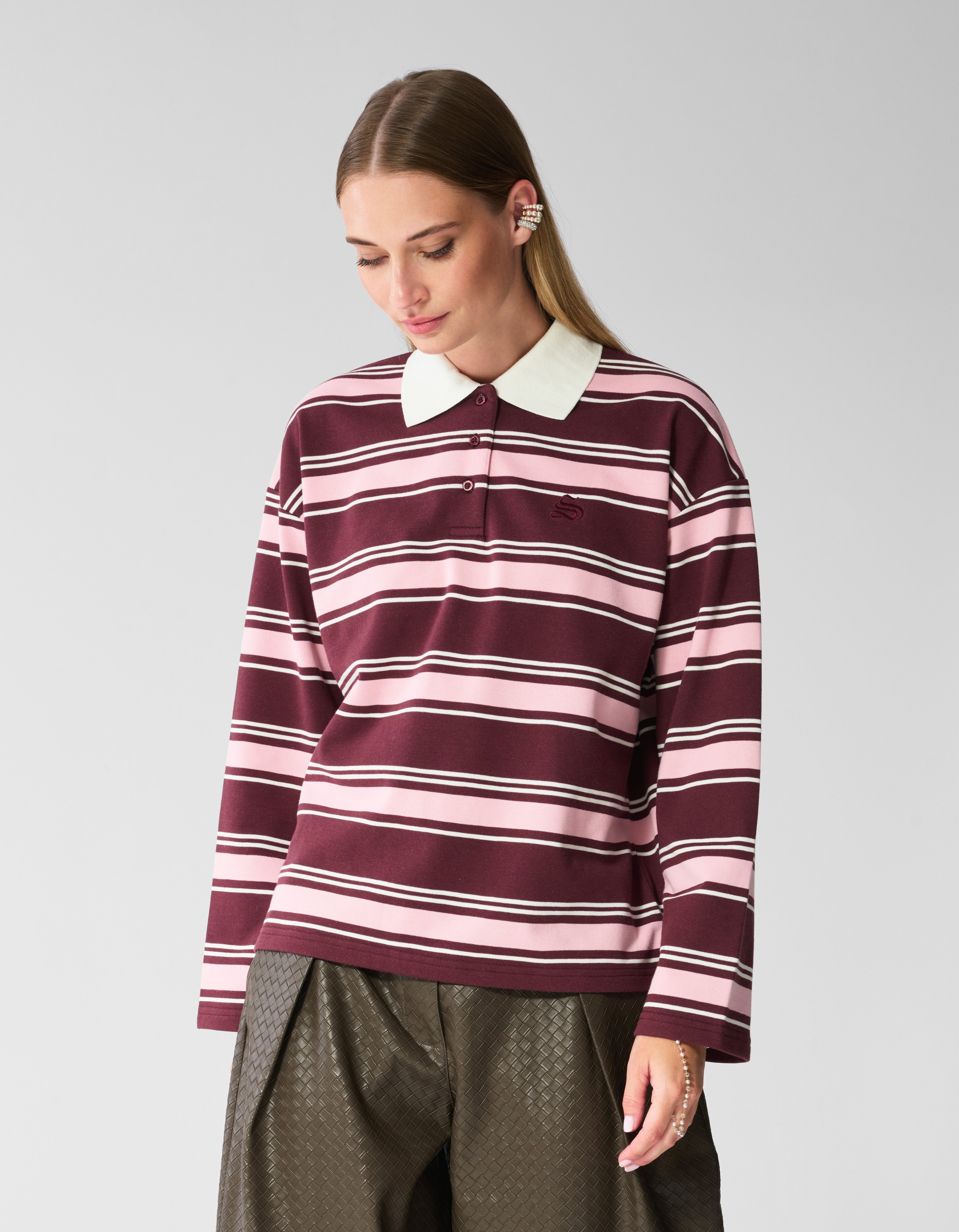 Gestreepte Polo Longsleeve Donkerrood SHOEBY WOMEN