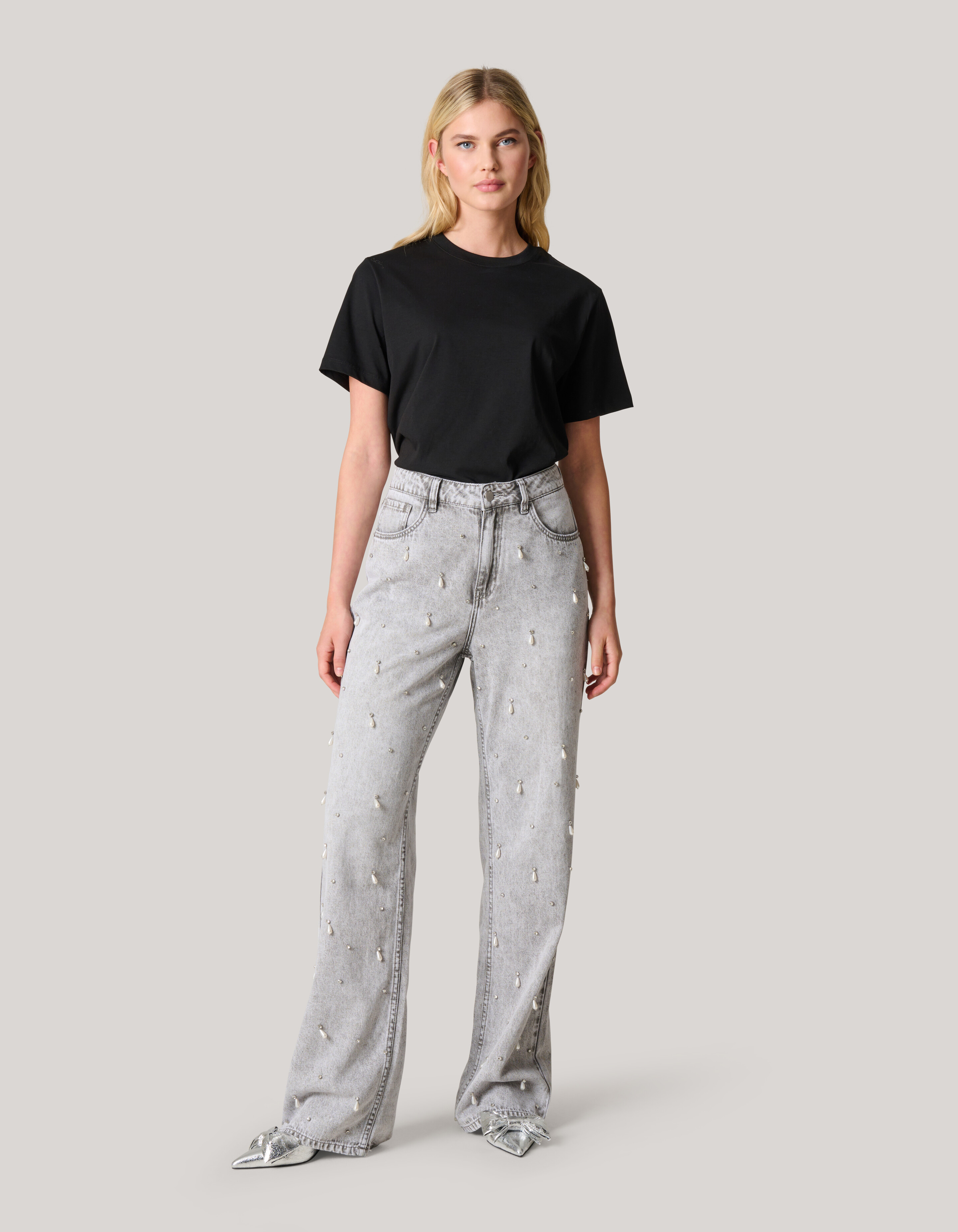 Embellished Straight Fit Jeans Lichtgrijs SHOEBY WOMEN