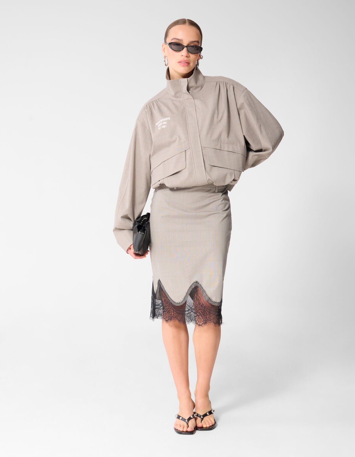 Kanten Ruiten Midi Rok Lichtgrijs SHOEBY WOMEN