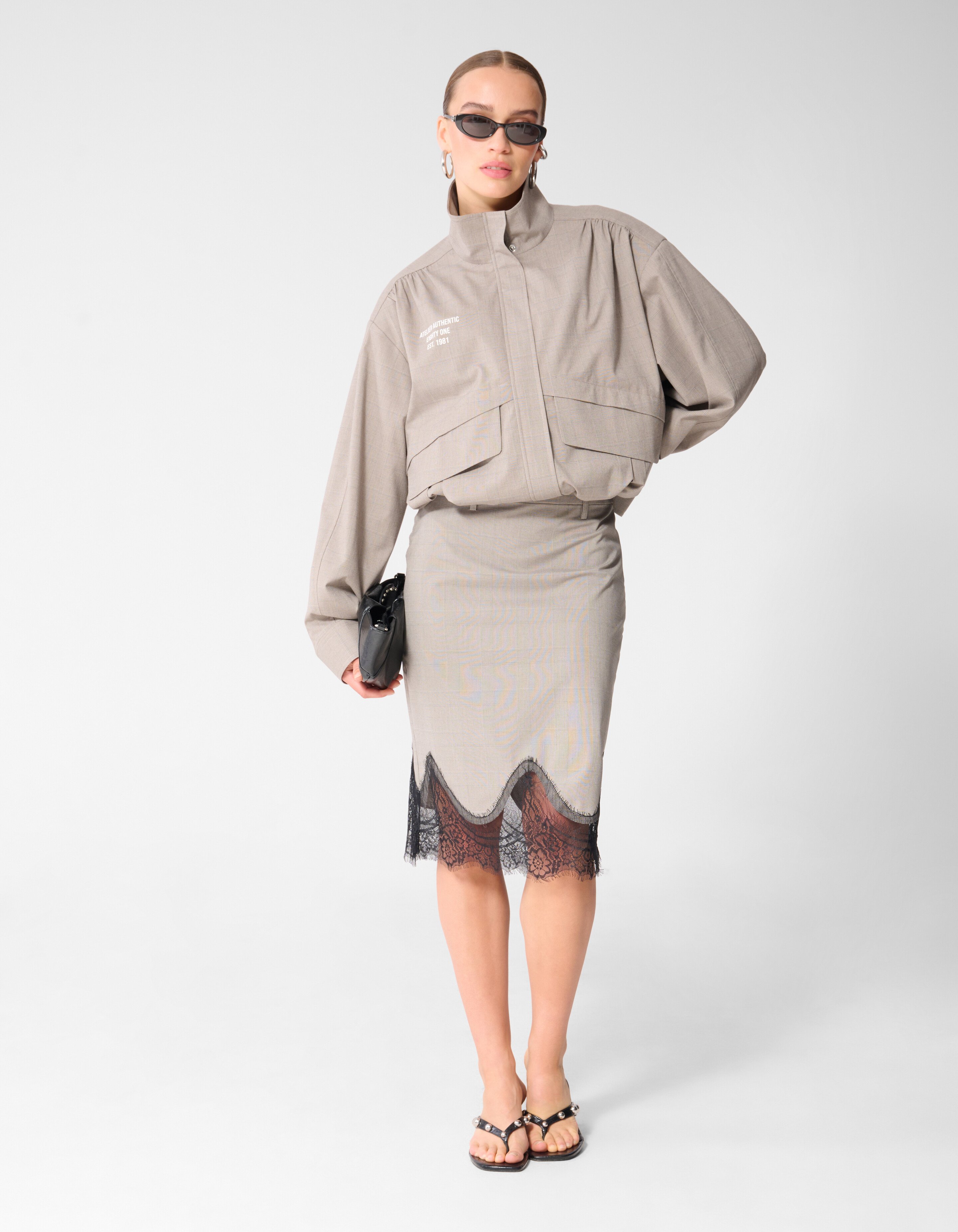 Kanten Ruiten Midi Rok Lichtgrijs SHOEBY WOMEN