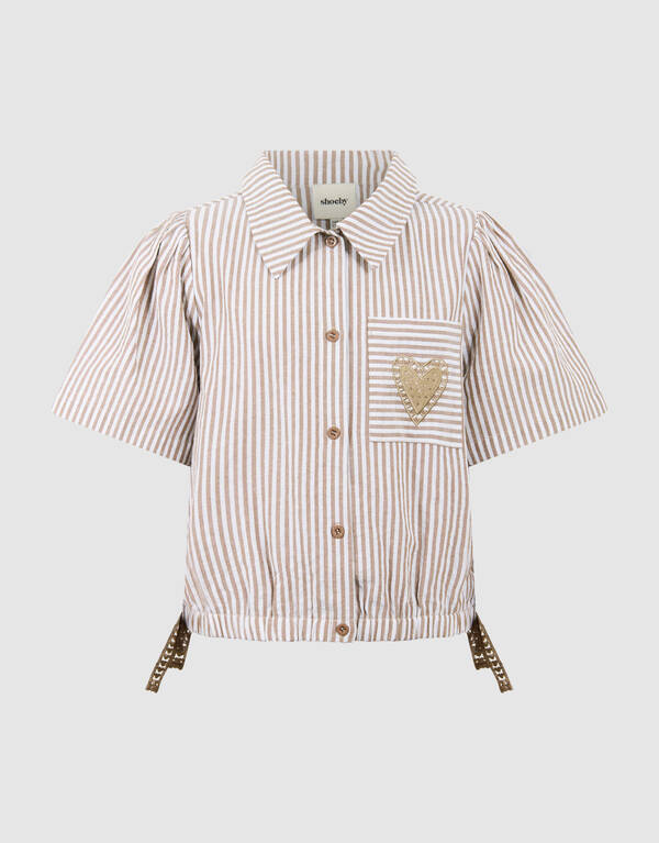 Pinstripe Embroidery Blouse Bruin SHOEBY GIRLS