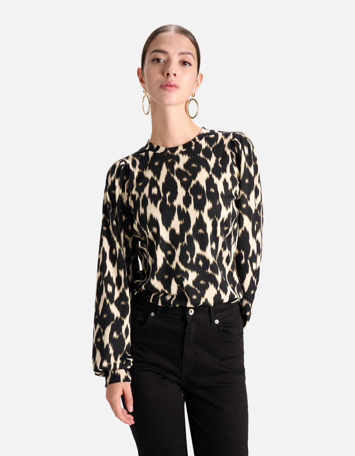 Leopard Rib T-shirt Lange Mouwen Offwhite SHOEBY WOMEN