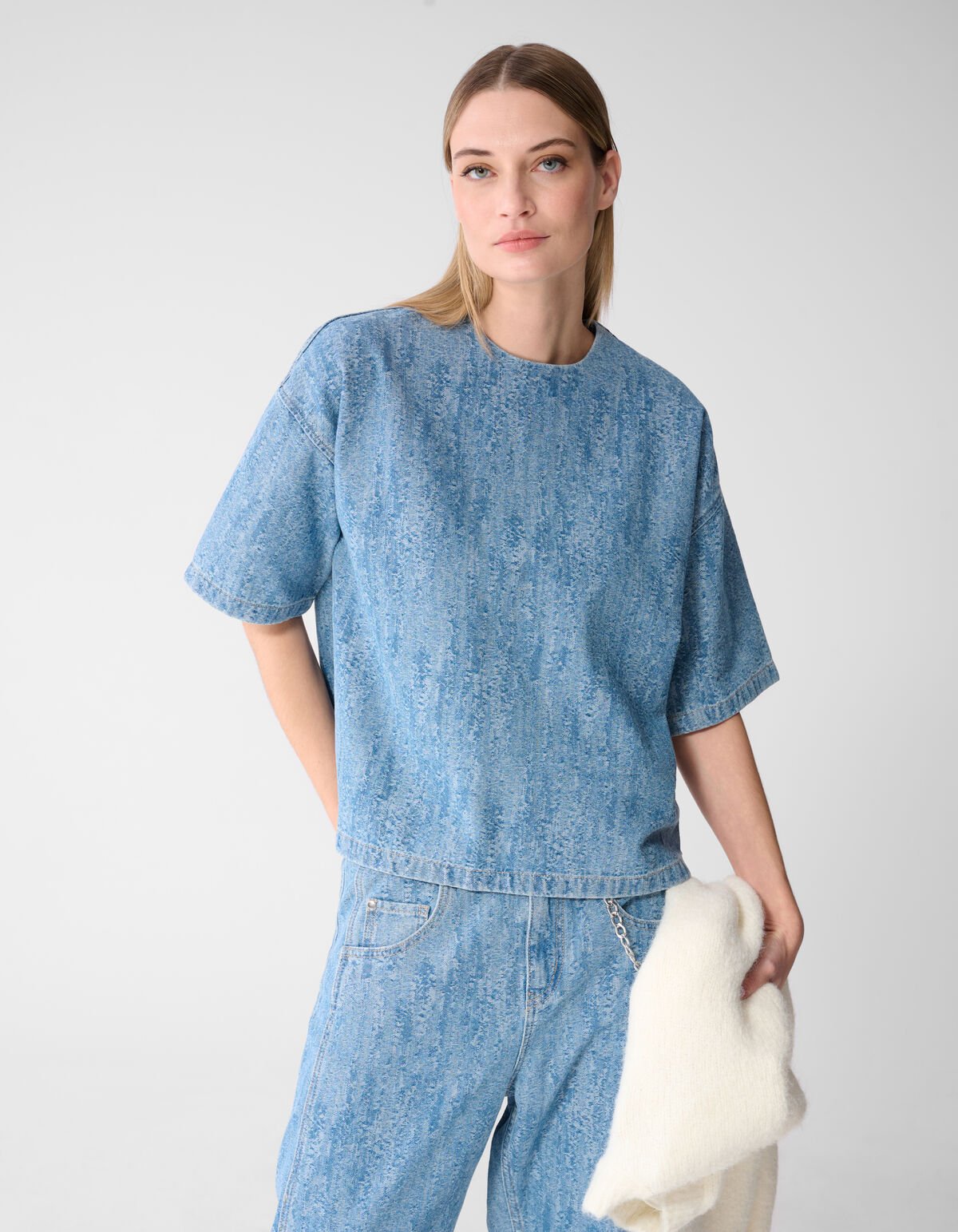 Oversized Jacquard Denim T-shirt Blauw SHOEBY WOMEN