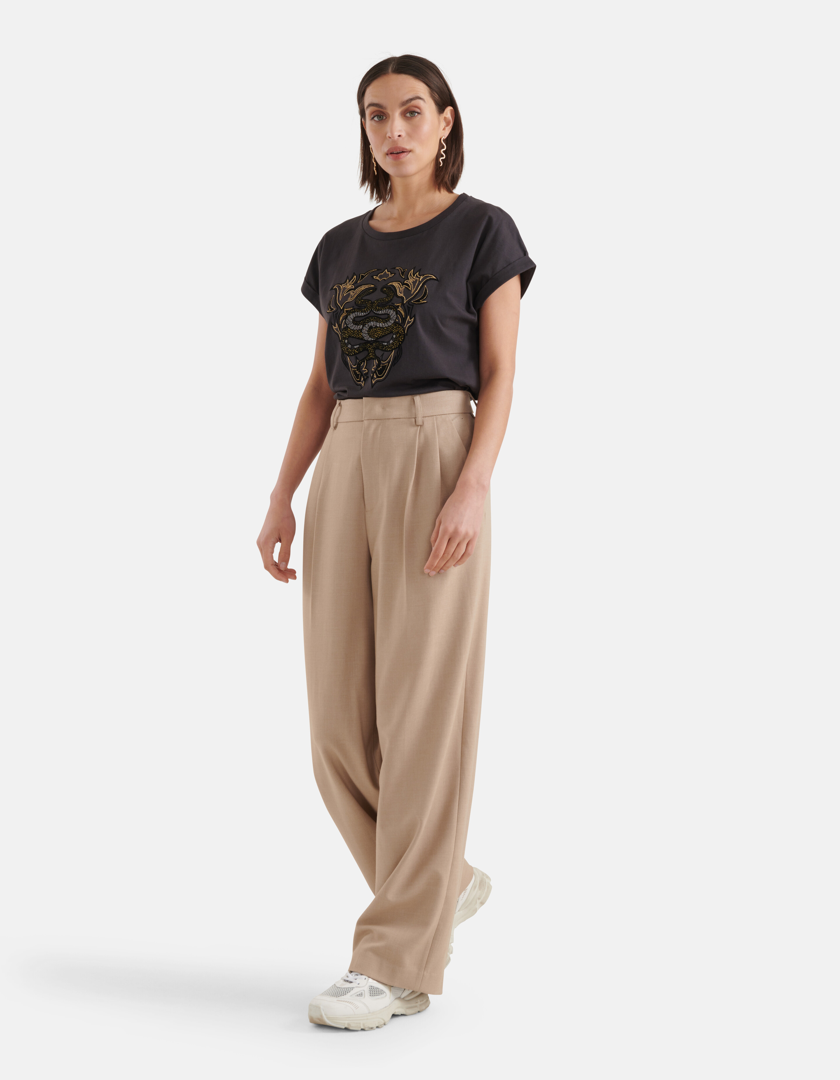 Slangen Embroidery Print T-shirt Donkergrijs SHOEBY WOMEN