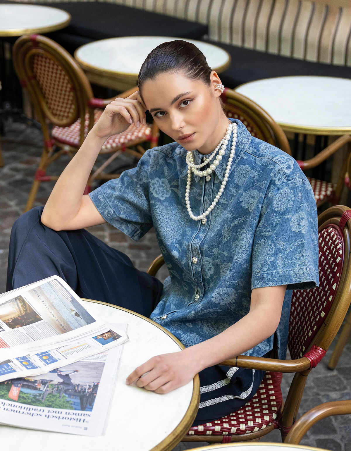 Oversized Flower Denim Blouse Blauw SHOEBY WOMEN