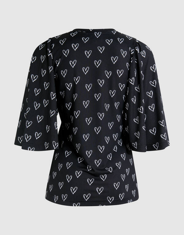 Heart Printed Rib Jersey Top Zwart SHOEBY WOMEN