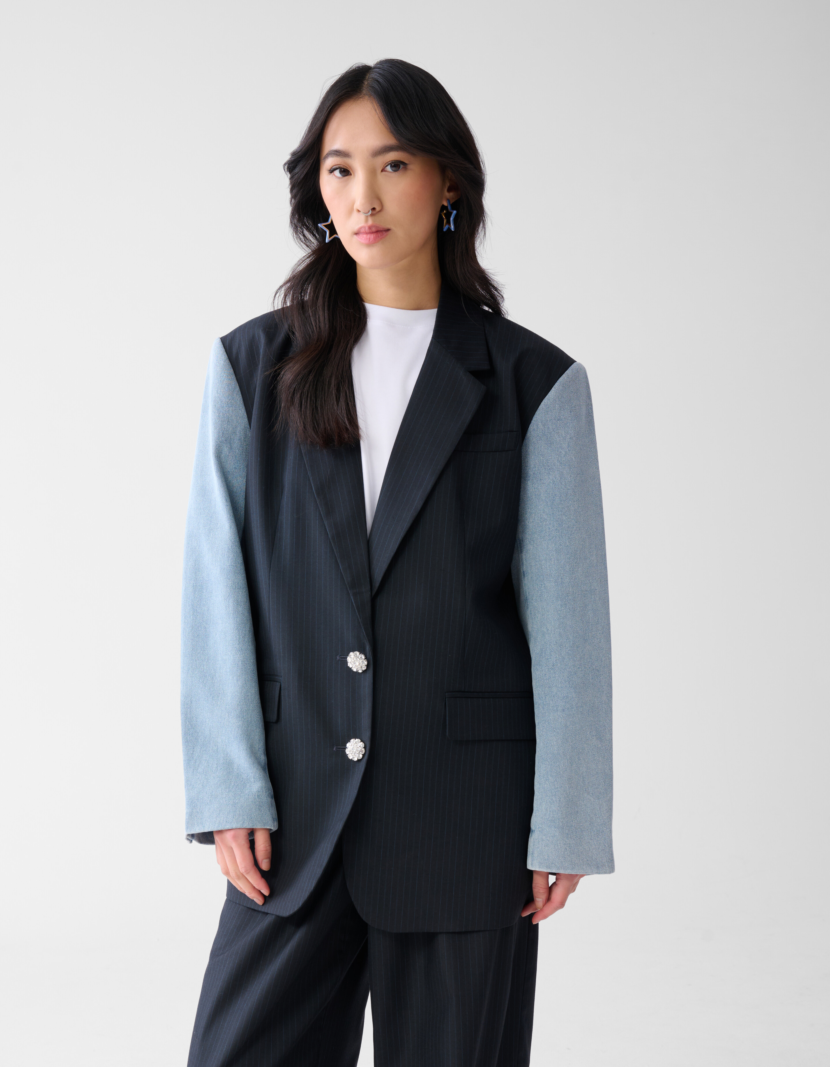 Denim Sleeve Pinstripe Blazer Donkerblauw SHOEBY WOMEN