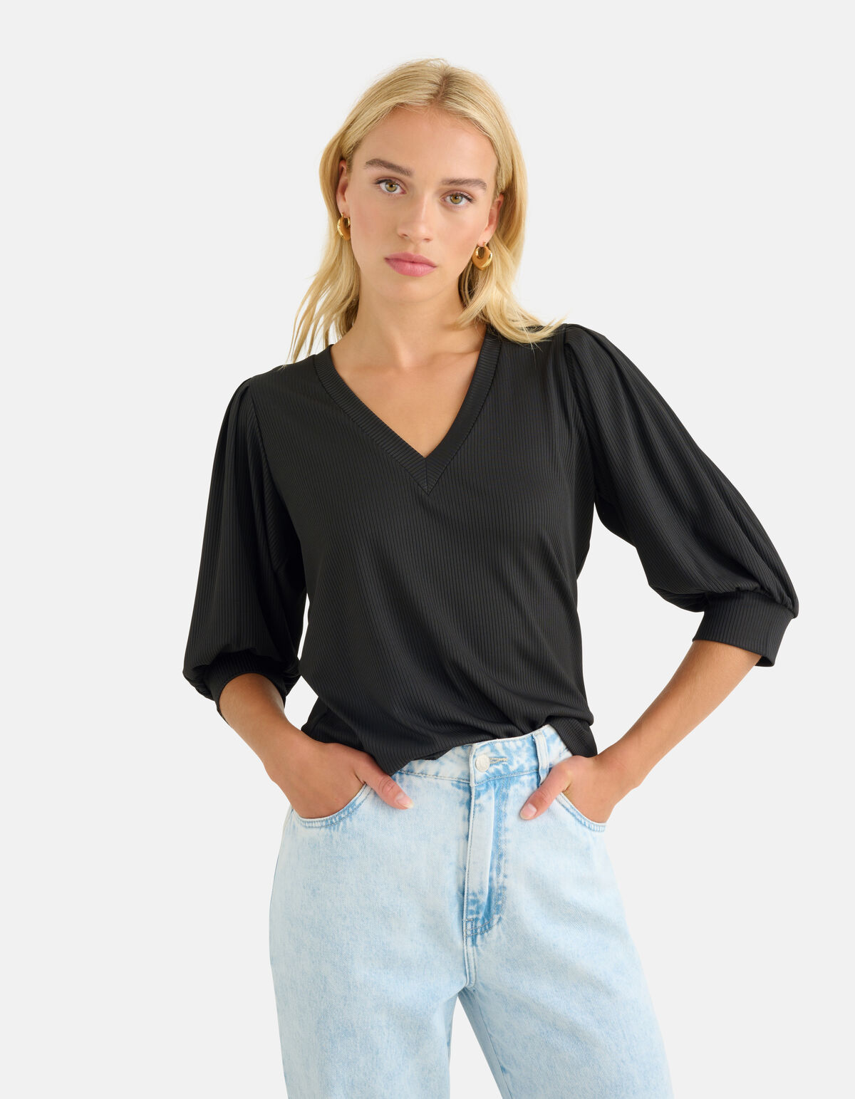 Rib V-hals Top Zwart SHOEBY WOMEN