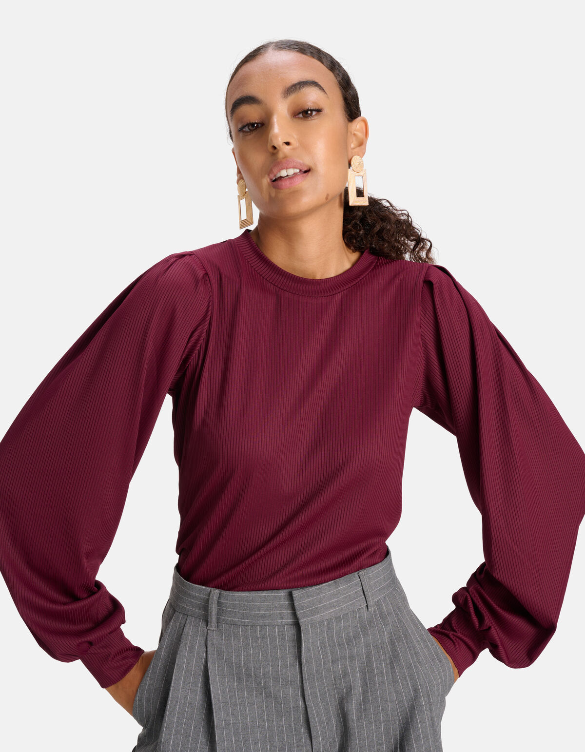 Rib Jersey Lange Mouwen T-shirt Donkerrood SHOEBY WOMEN