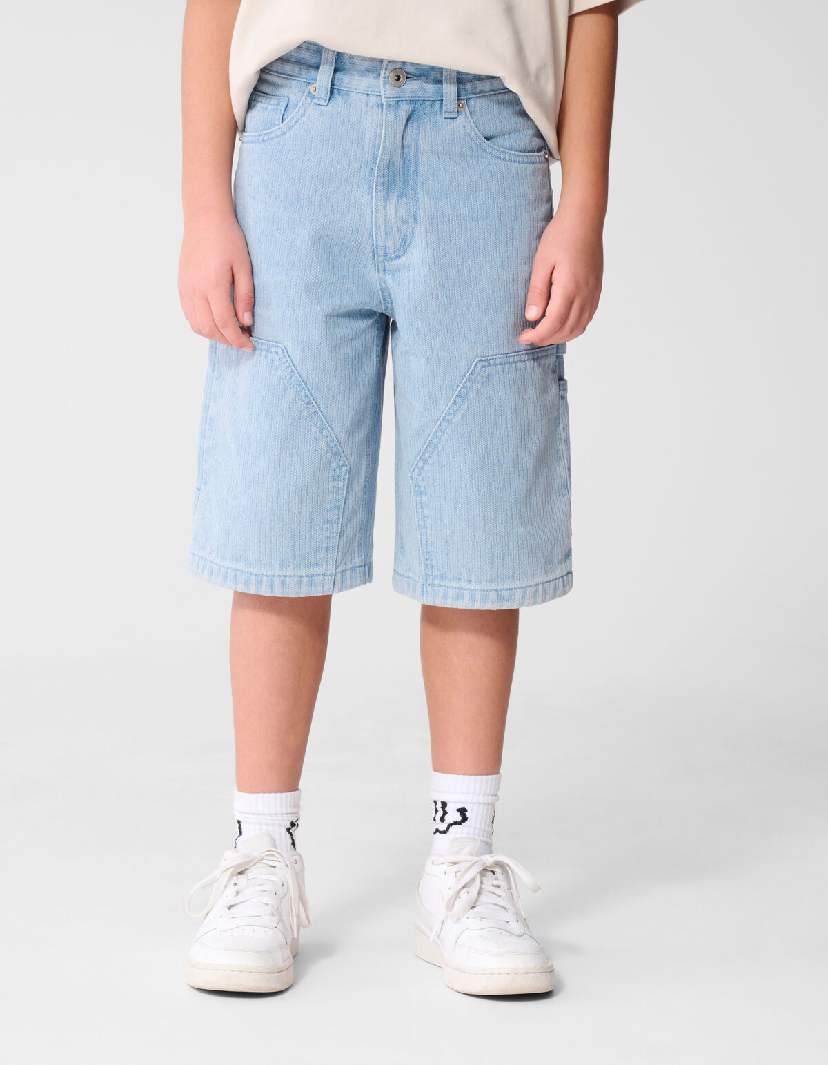 Striped Carpenter Denim Short Lichtblauw SHOEBY BOYS