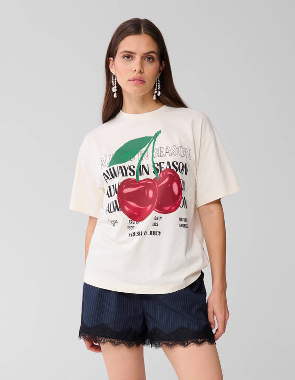 Cherry Artwork T-shirt Gebroken Wit SHOEBY WOMEN