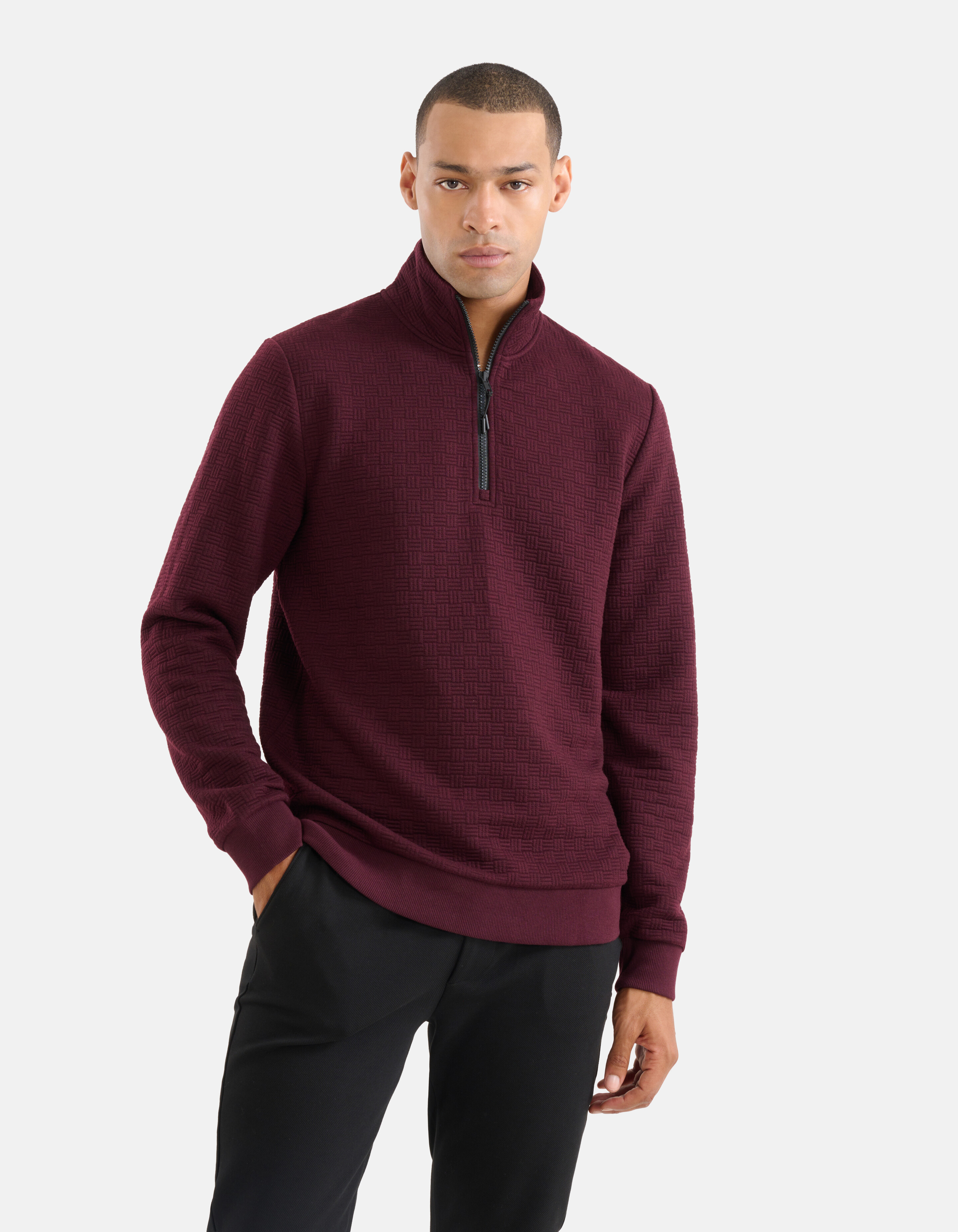 Half Zip Quilted Structuur Sweater Bordeaux SHOEBY MEN