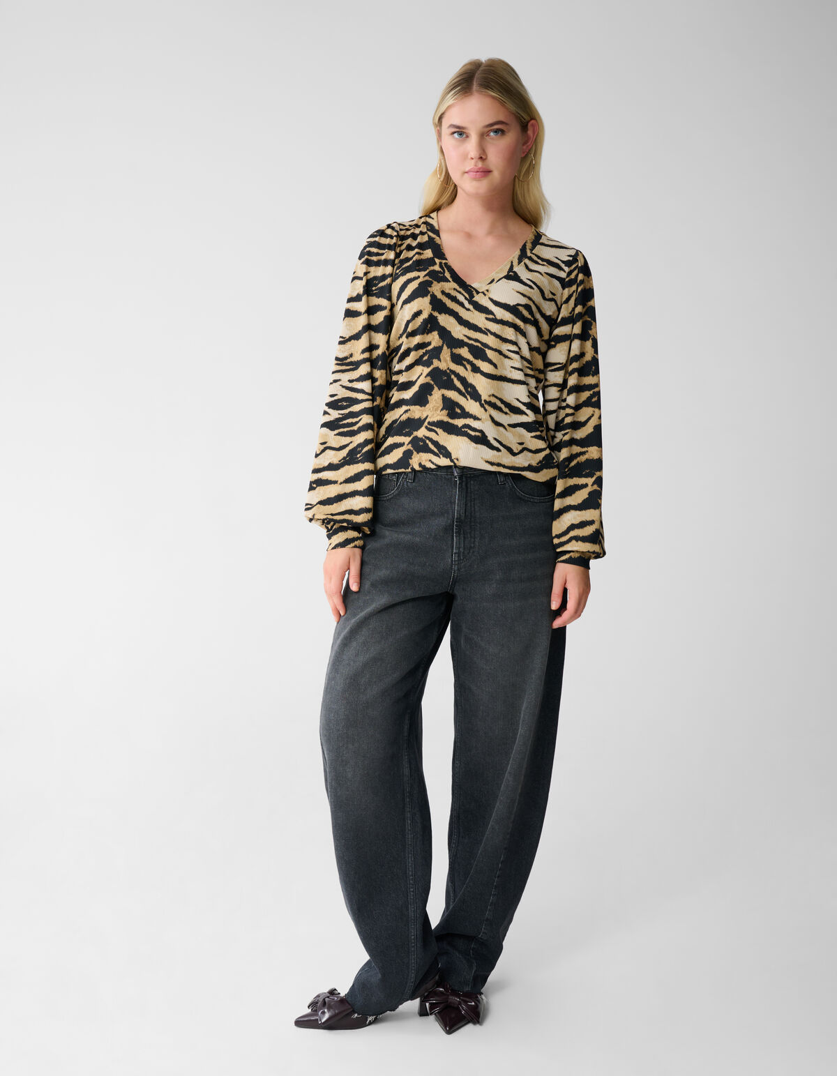 Tijgerprint Rib Jersey Top Bruin SHOEBY WOMEN