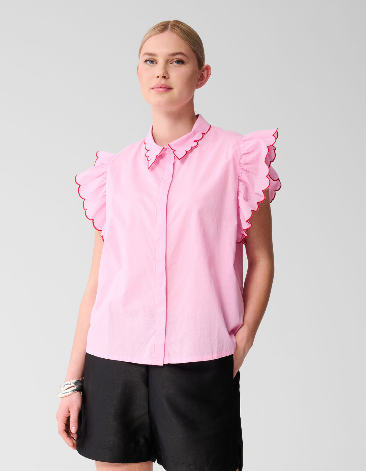 Embroidery Ruffle Top Roze SHOEBY WOMEN