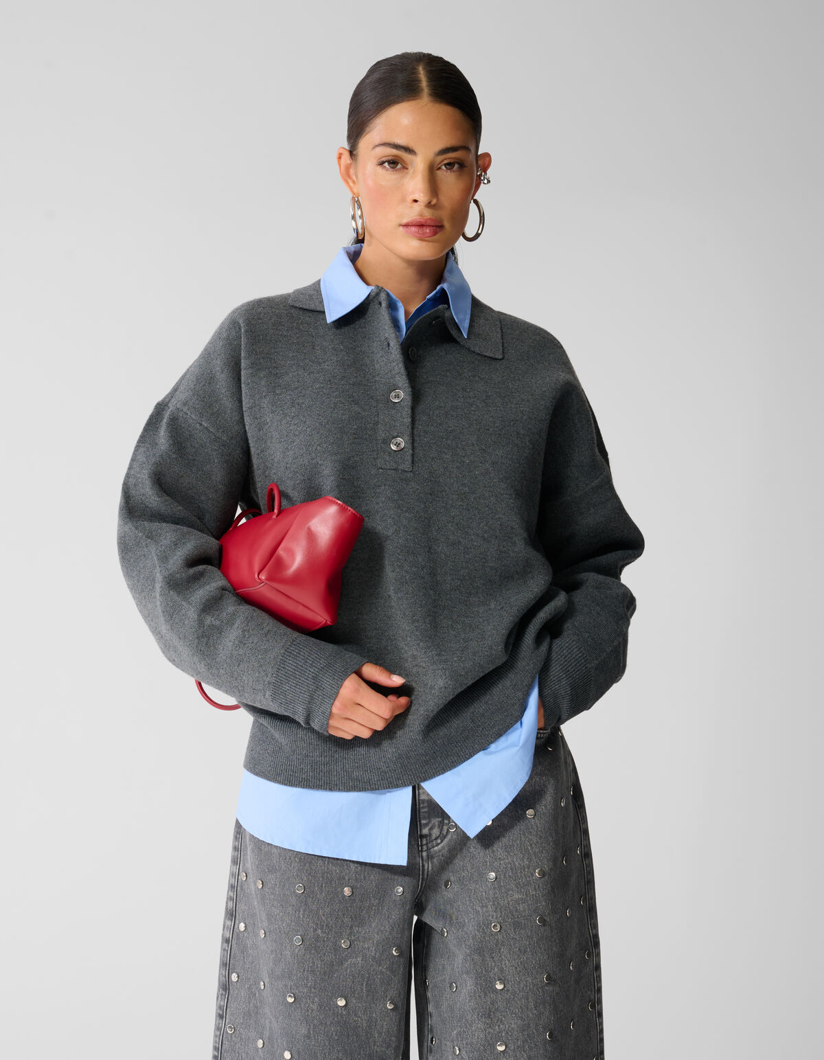 Oversized Gebreide Polo Trui Donkergrijs SHOEBY WOMEN