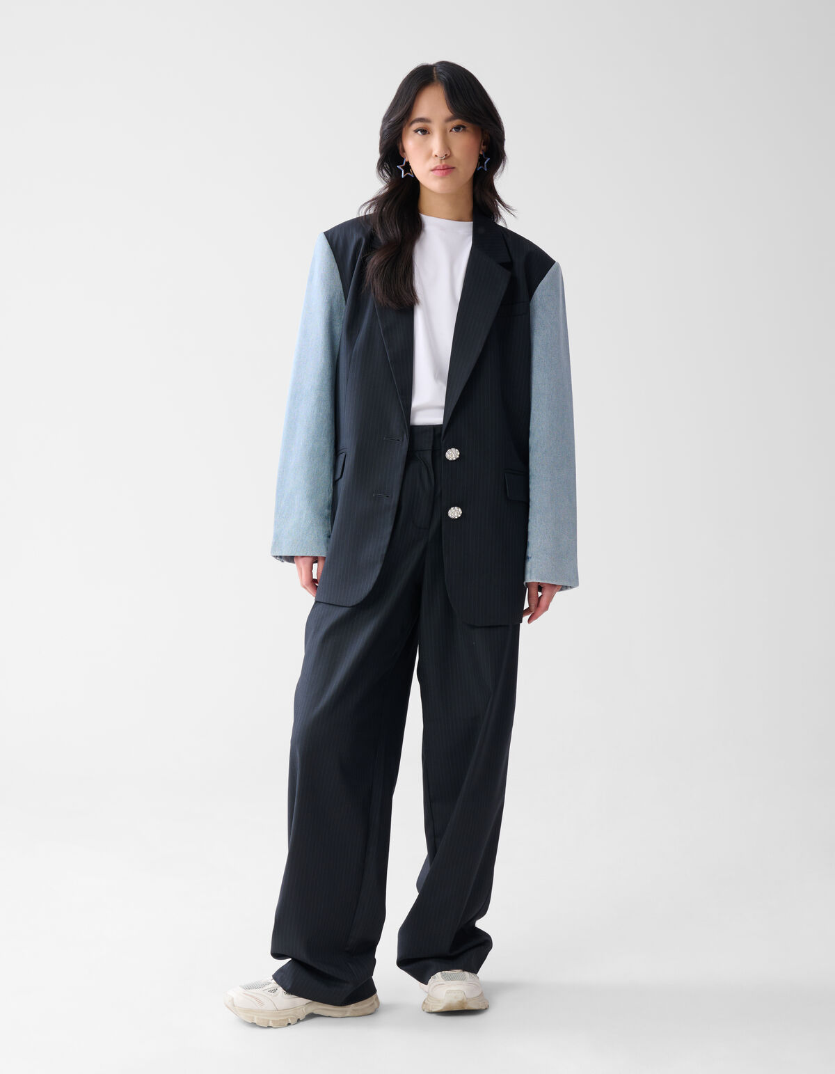 Denim Sleeve Pinstripe Blazer Donkerblauw SHOEBY WOMEN