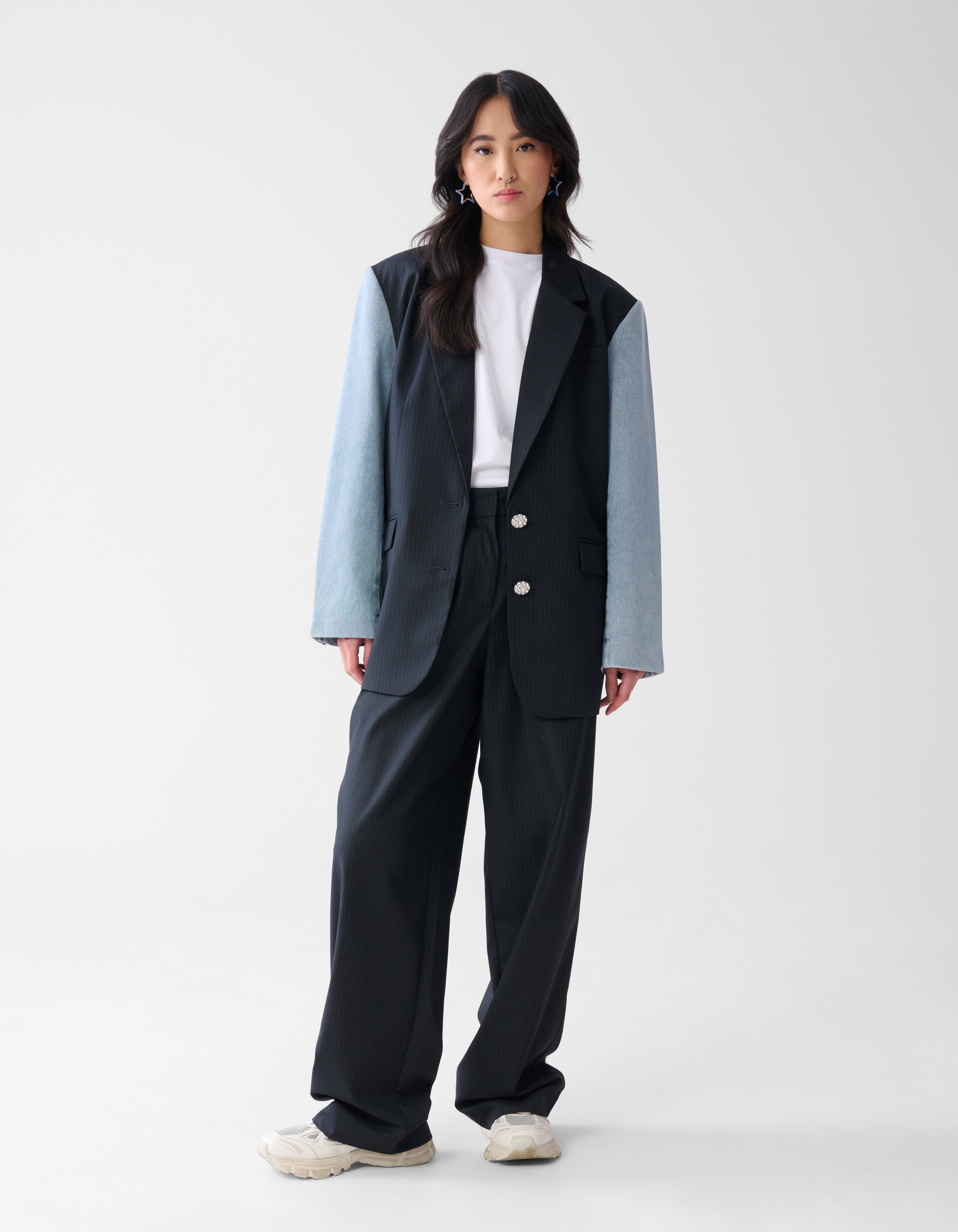 Denim Sleeve Pinstripe Blazer Donkerblauw SHOEBY WOMEN