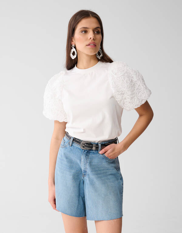Puff Embroidery T-shirt Wit SHOEBY WOMEN