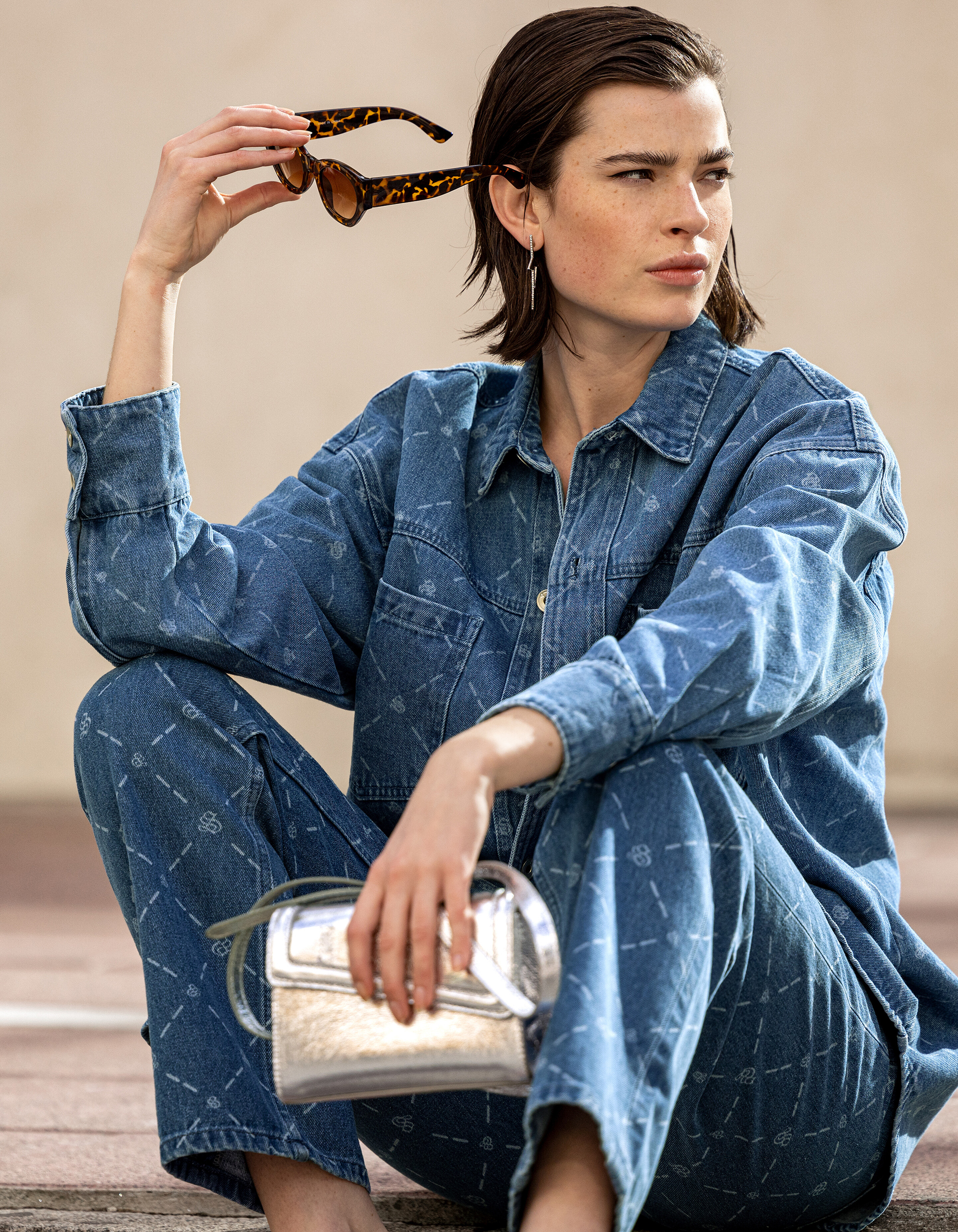 Printed Denim Blouse Blauw SHOEBY WOMEN