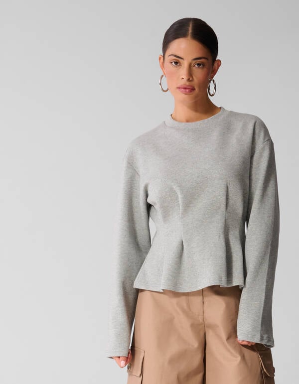 Peplum Scuba Longsleeve Top Lichtgrijs SHOEBY WOMEN