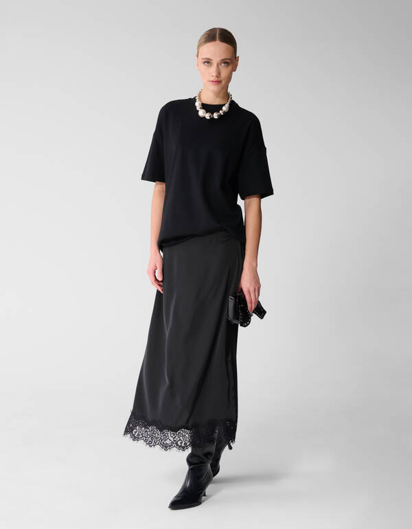 Kanten Satijnen Maxi Rok Zwart SHOEBY WOMEN