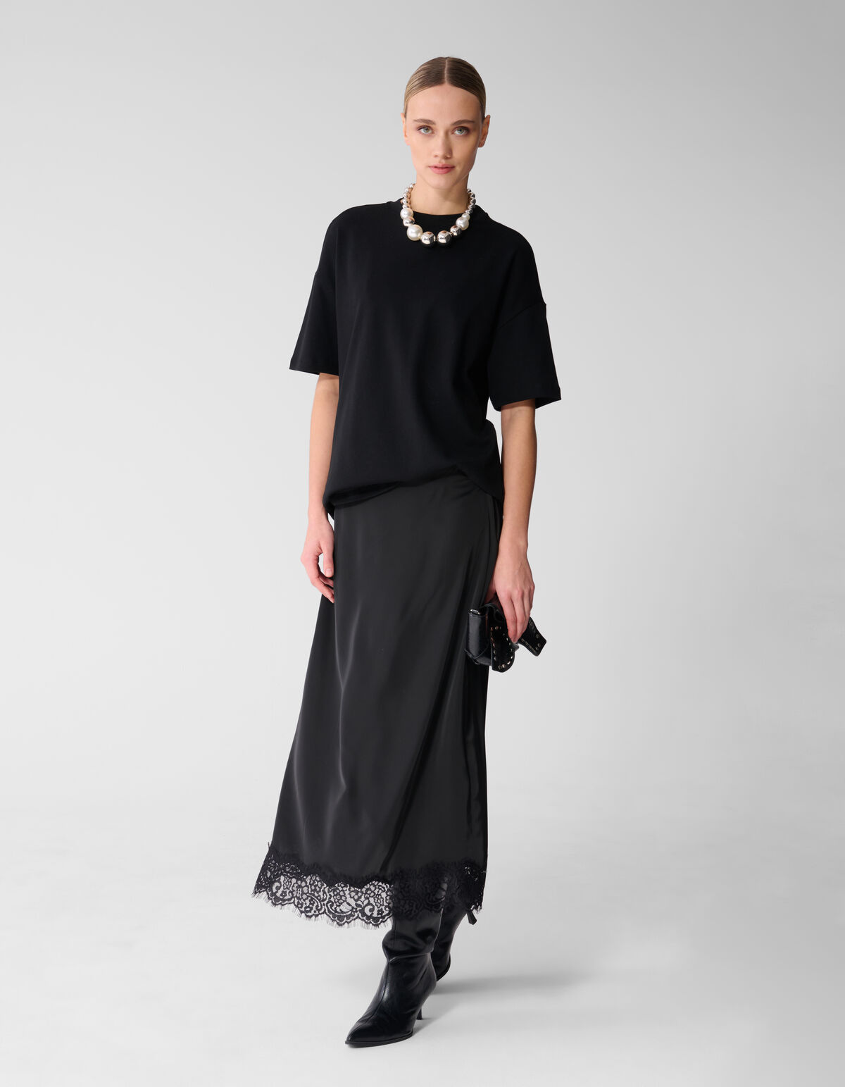 Kanten Satijnen Maxi Rok Zwart SHOEBY WOMEN