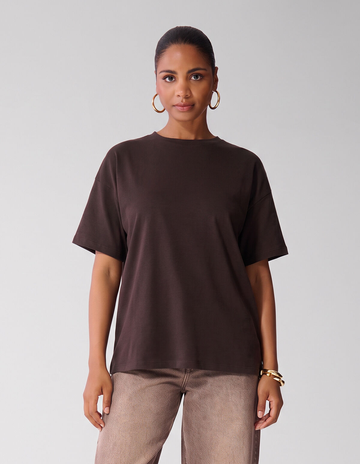 Oversized Basis T-shirt Donkerbruin SHOEBY WOMEN