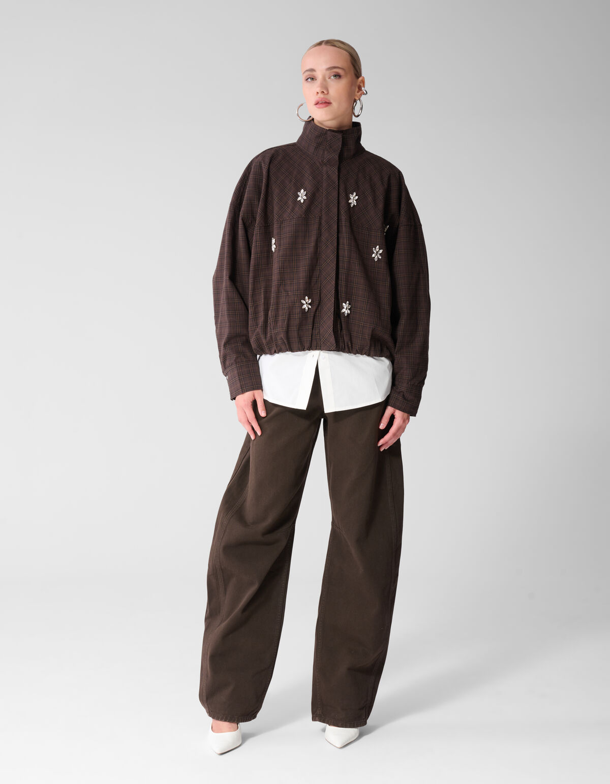 Check Bomber Blouse Donkerbruin SHOEBY WOMEN