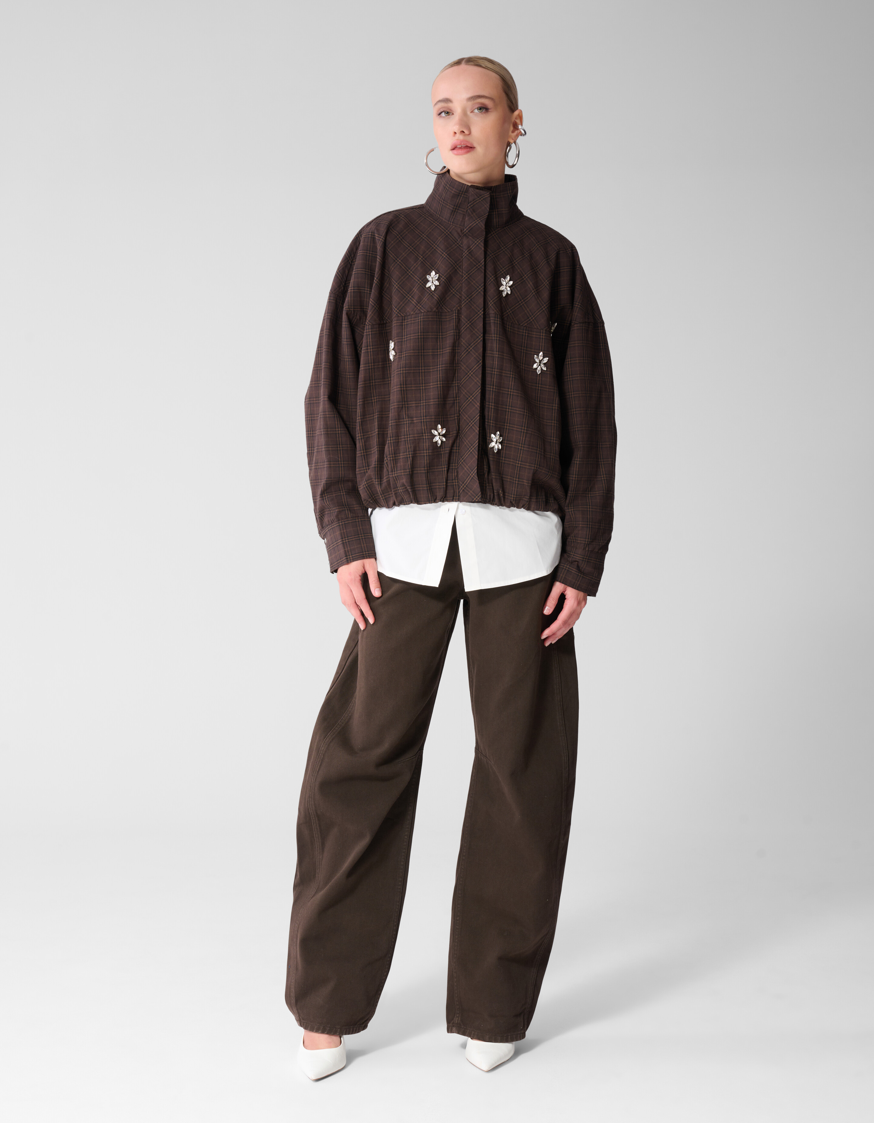 Check Bomber Blouse Donkerbruin SHOEBY WOMEN