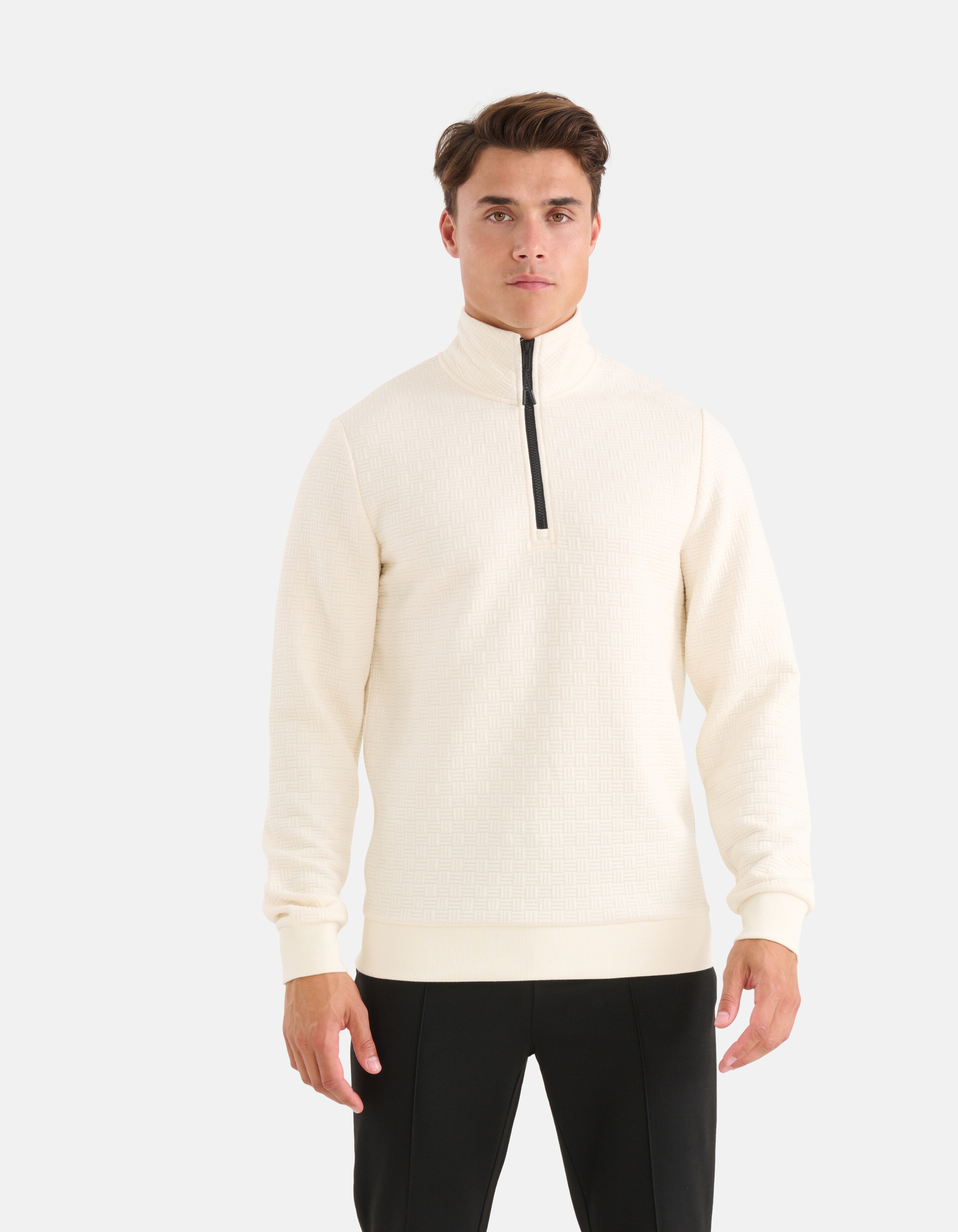 Half Zip Quilted Structuur Sweater Gebroken Wit SHOEBY MEN