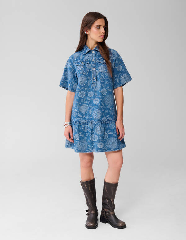 Denim Jacquard Mini Jurk Blauw SHOEBY WOMEN