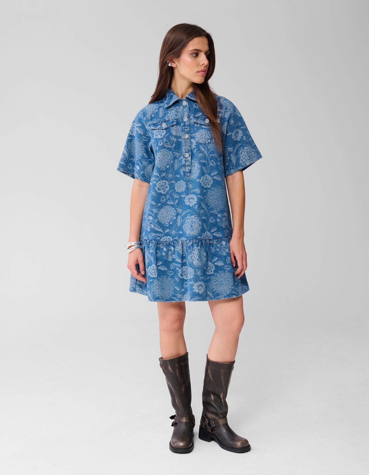 Denim Jacquard Midi Jurk Blauw SHOEBY WOMEN
