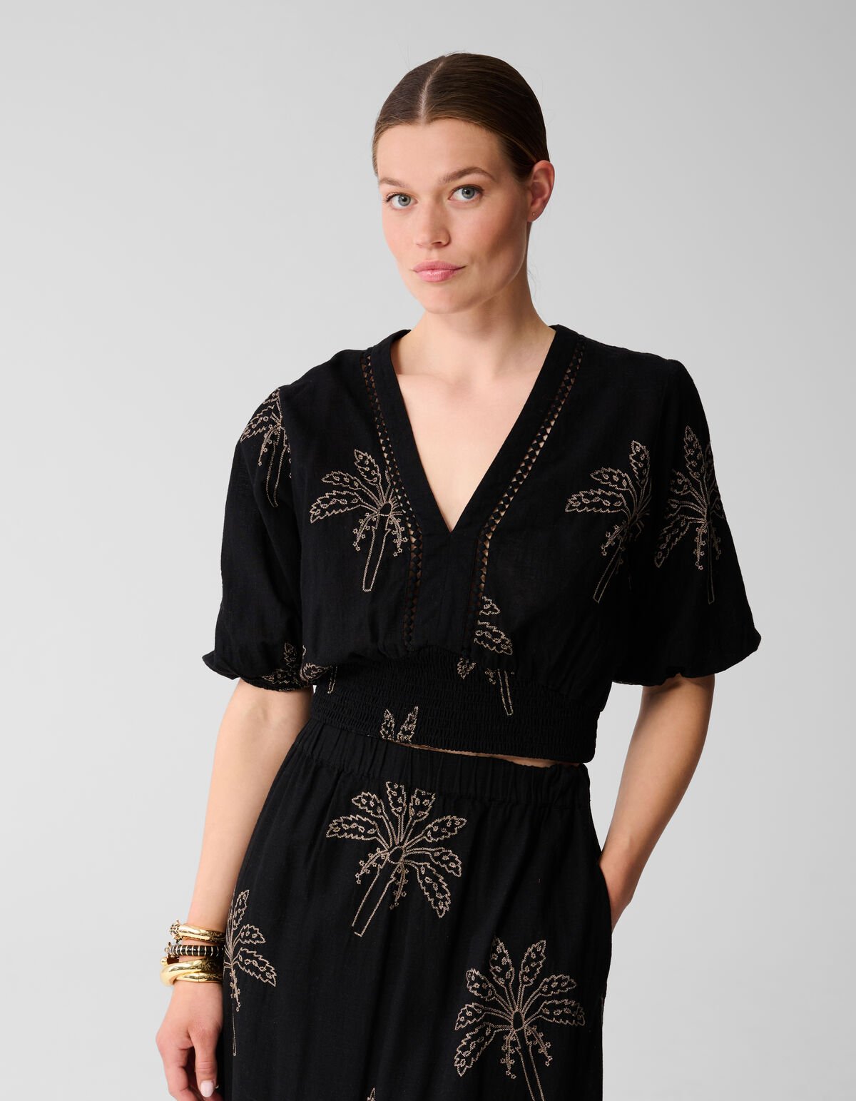 Embroidery Palm Crop top Zwart SHOEBY WOMEN