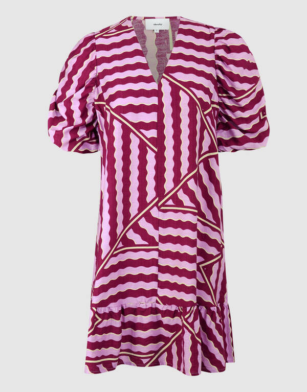 Wavy Printed Puffy Sleeve Mini Jurk Roze/Paars SHOEBY WOMEN