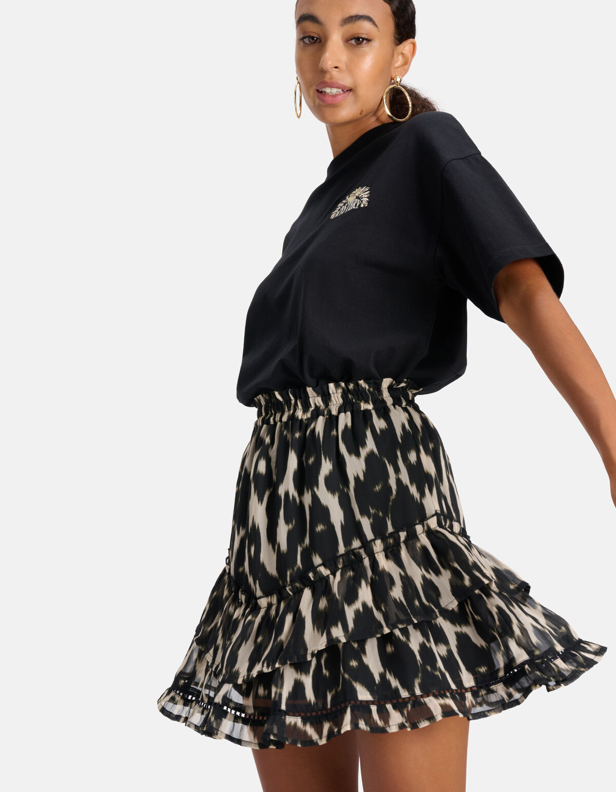 Leopard Ruffle Rok Zwart SHOEBY WOMEN