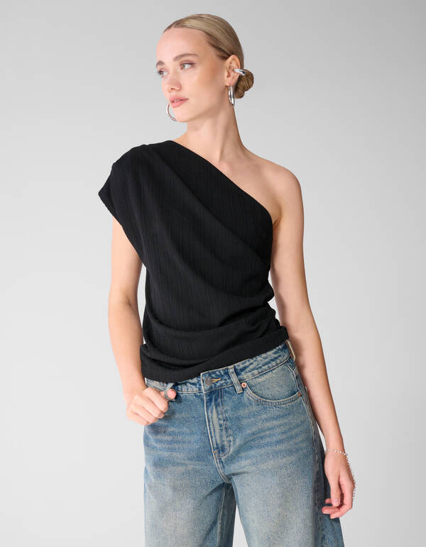 Pleated One Shoulder Top Zwart SHOEBY WOMEN