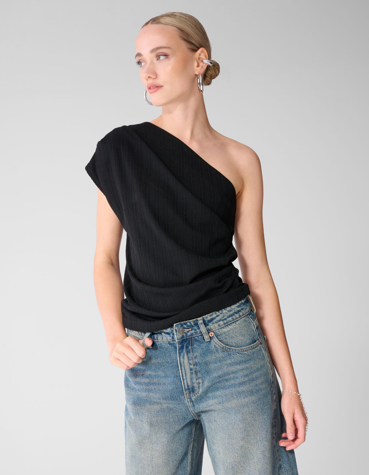 Pleated One Shoulder Top Zwart SHOEBY WOMEN